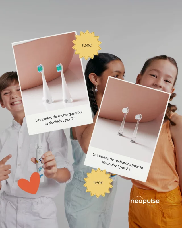 Grande nouvelle ! ✨ (En plus du retour de la Neobaby 🎉)

Les têtes de brosse Neokids® et Neobaby® sont maintenant disponibles sur sorria !

 • Neokids® : des têtes de brosse compactes (1,5 cm) et ultra-souples, idéales pour les enfants et leurs petites dents en formation.

 • Neobaby® : des têtes de brosse lumineuses et adaptées dès les premières dents pour un brossage en douceur et ludique.

👉 Ces têtes de brosse accompagnent parfaitement les brosses à dents Neokids® et Neobaby®, elles aussi disponibles sur sorria ! 
@neopulsedentaire 

 #BrossageDesDents #prévention #brosseàdents #parentsenfants #dentssaines #hygiènedentaire #neopulse